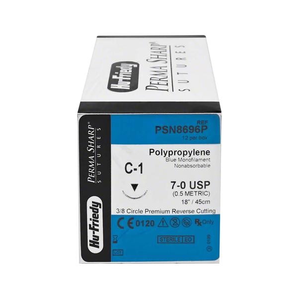 Polypropylene Sutures Blue Uncoated 45cm 7-0 3/8 Circle Premium Reverse Cut C-1 10.7mm PSN8696P 12pk