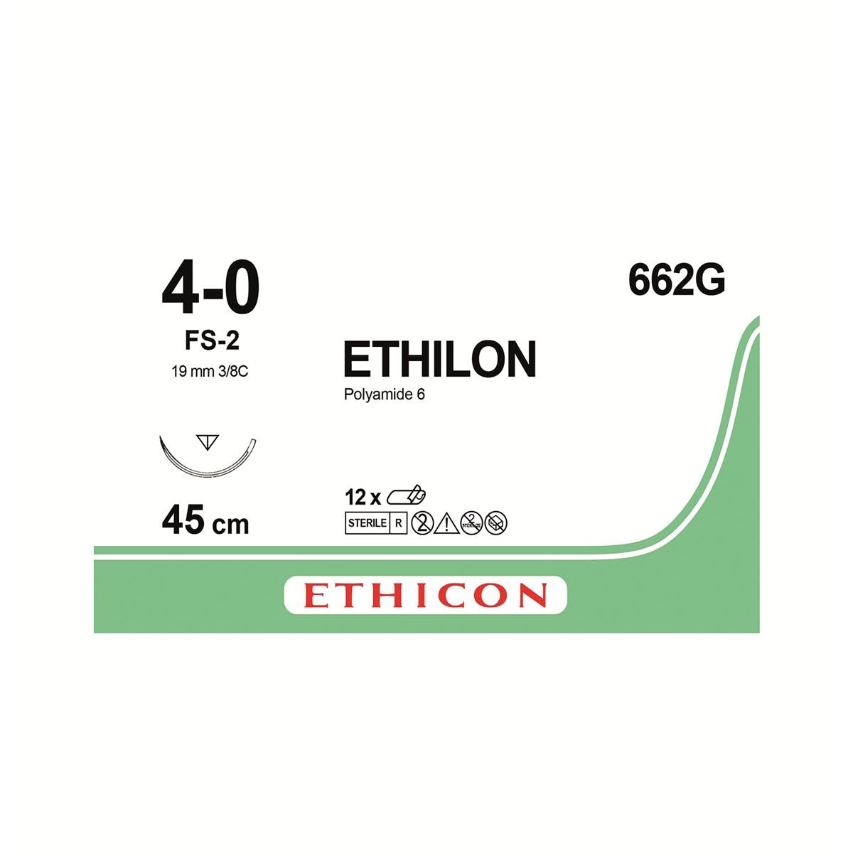 Ethilon Sutures Silver Uncoated 45cm 4-0 3/8 Circle Cutting Edge Reverse FS-2 19mm 662G 12pk