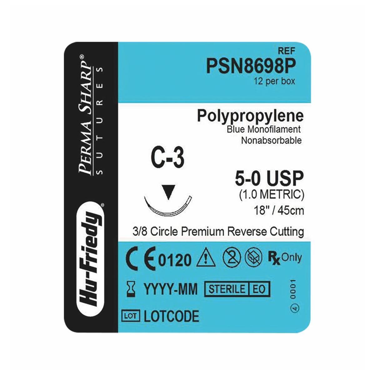 Polypropylene Sutures Blue Uncoated 45cm 5-0 3/8 Circle Premium Reverse Cut C-3 13mm PSN8698P 12pk