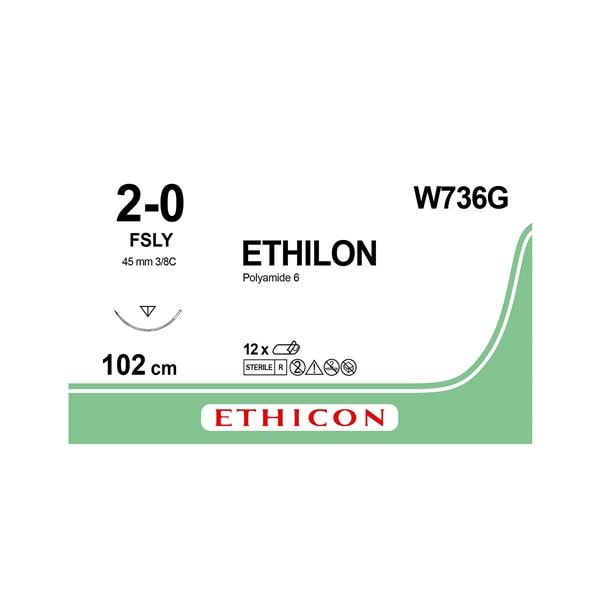 ETHILON Sutures Black Uncoated 100cm 2-0 3/8 Circle Reverse Cutting FSLY 45mm W736G 12pk