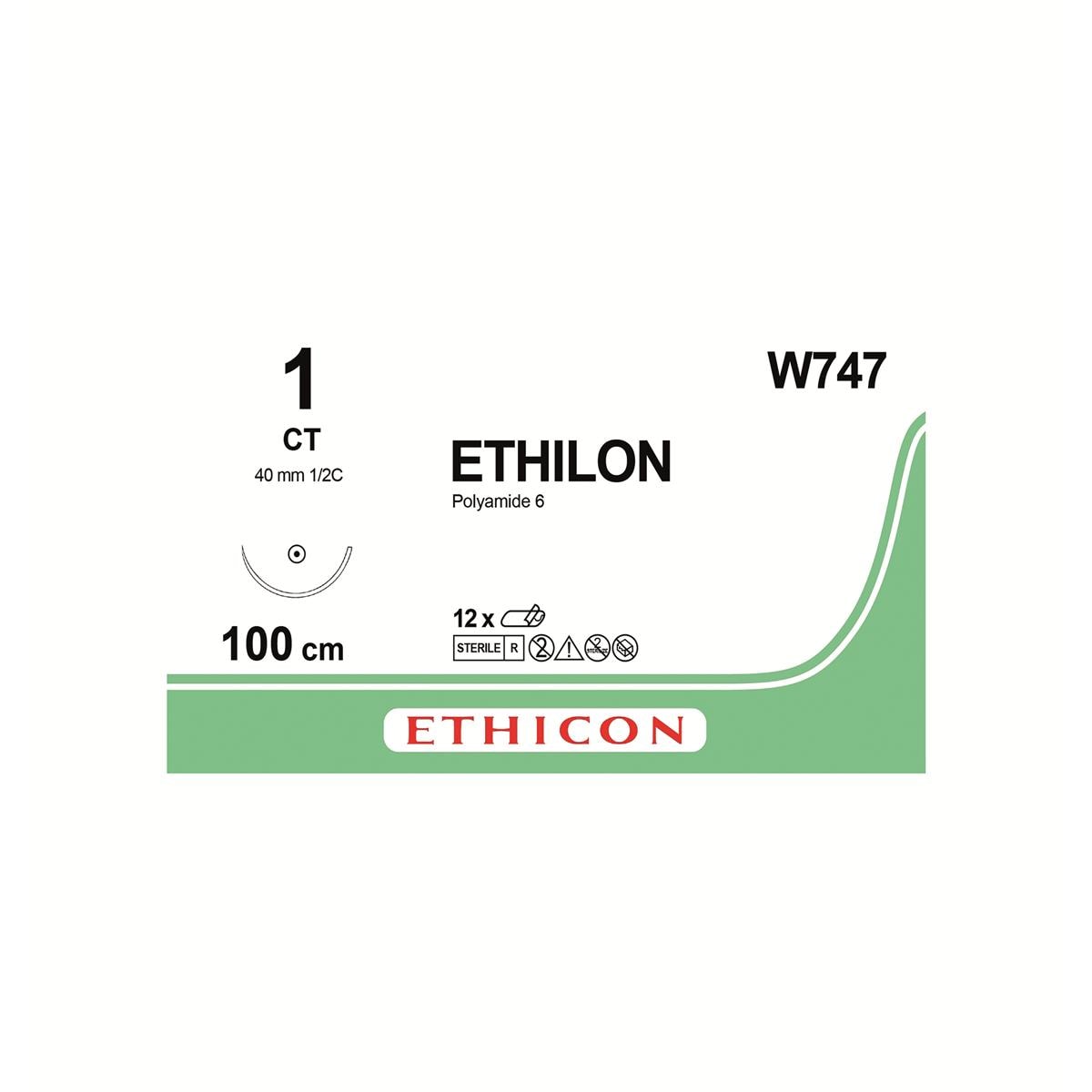 ETHILON Sutures Black Uncoated 100cm 1-0 1/2 Circle Taper Point CT 40mm W747 12pk