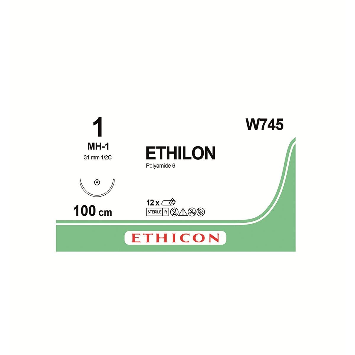 ETHILON Sutures Black Uncoated 100cm 1-0 1/2 Circle Taper Point MH-1 31mm W745 12pk