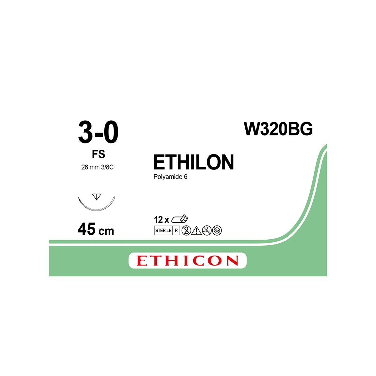 ETHILON Sutures Black Uncoated 45cm 3-0 3/8 Circle Reverse Cutting Needle FS 26mm W320BG 12pk