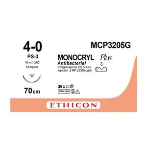 MONOCRYL Plus Sutures Undyed Uncoated 70cm 4-0 3/8 Circle PRIME Reverse Cut PS-3 16mm MCP3205G 12pk