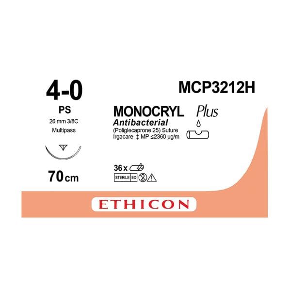 MONOCRYL Plus Sutures Undyed Uncoated 70cm 4-0 3/8 Circle PRIME Reverse Cut PSP 26mm MCP3212H 36pk