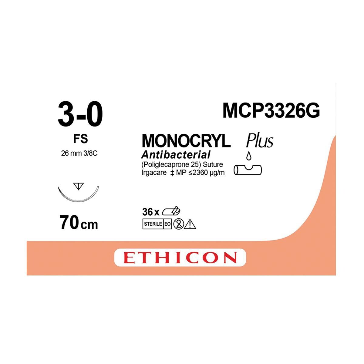 MONOCRYL Plus Sutures Undyed Uncoated 70cm 3-0 3/8 Circle Reverse Cutting FS 36mm MCP3326G 12pk