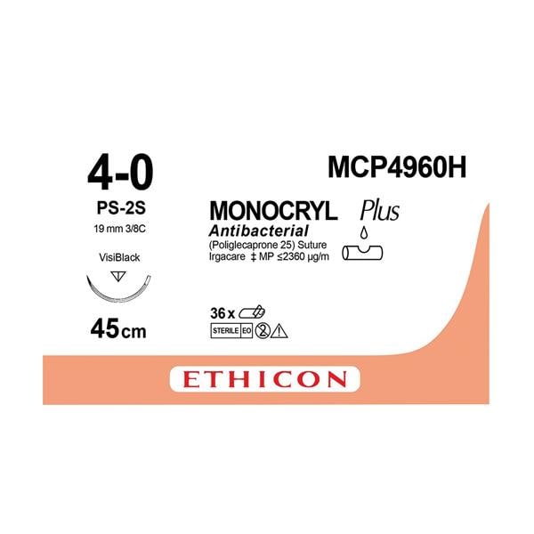 MONOCRYL Plus Sutures Undyed Uncoated 45cm 4-0 3/8 Circle PRIME Reverse Cut PS-2 19mm MCP496H 36pk