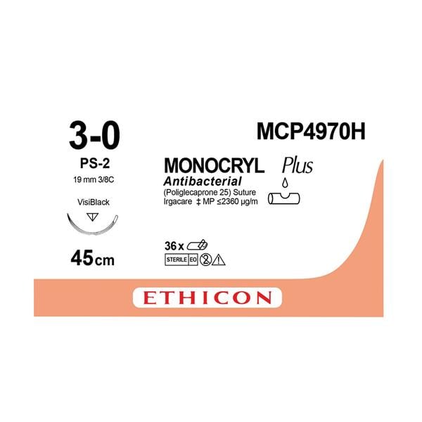 MONOCRYL Plus Sutures Undyed Uncoated 45cm 3-0 3/8 Circle PRIME Reverse Cut PS-2 19mm MCP497H 36pk