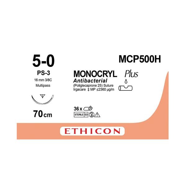 MONOCRYL Plus Sutures Undyed Uncoated 70cm 5-0 3/8 Circle PRIME Reverse Cut PS-3 16mm MCP500H 36pk