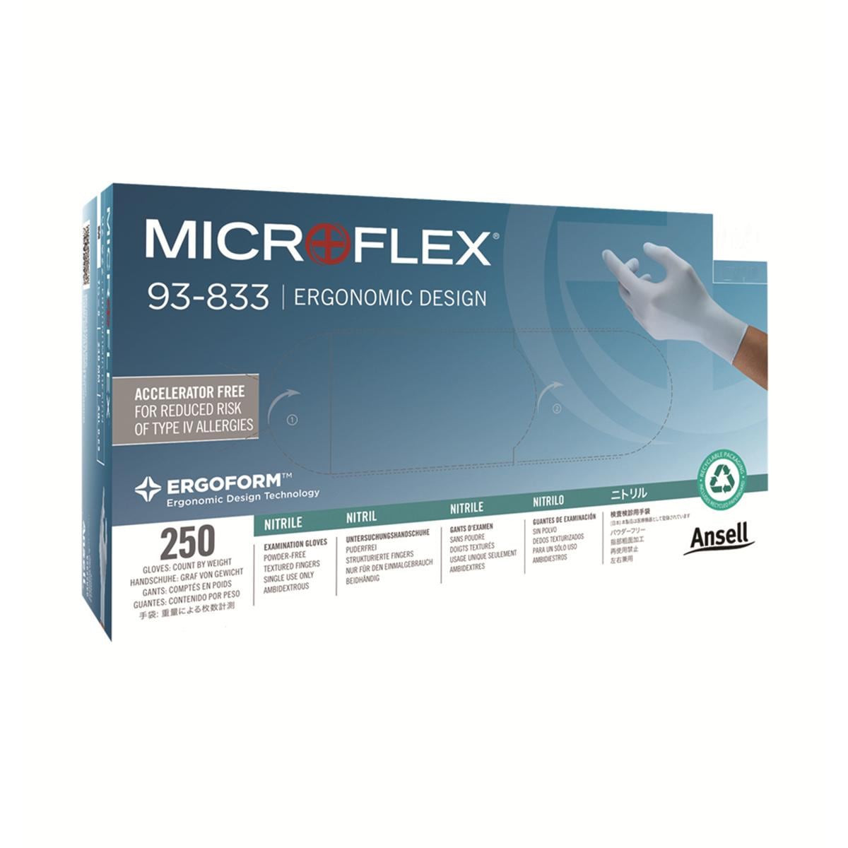 Microflex 93-833 Blue Nitrile Gloves Powder-Free Medium 250pk